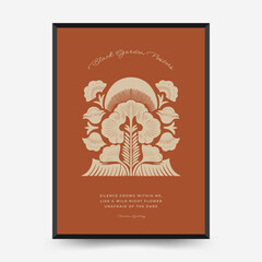 Abstract vector poster with stylized symmetrical flower and radiant sun motif