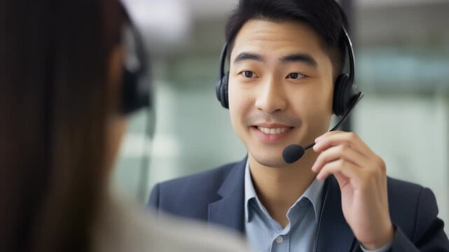 A professional man engages in a conversation using a headset and microphone.