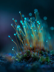Lush green moss with vibrant blue spores in a dark environment  