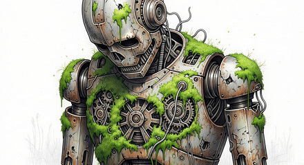 Dilapidated Robot Overgrown with Green Moss and Rust, Transparent Background