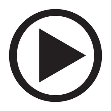 Simple black play button icon with triangular pointer inside a circular frame, vector illustration concept on transparent background