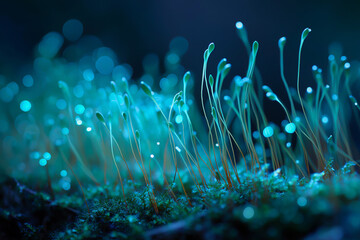 Close-up of glowing moss with slender stalks and moisture droplets  
