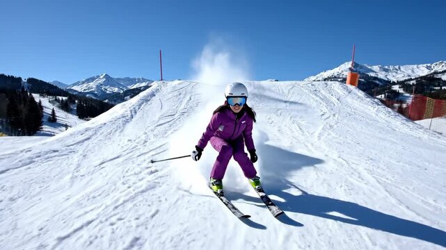 A female skier performs a jump off a snow ramp against a clear blue sky. Woman enjoying winter sports at a mountain resort. Freestyle skiing action shot