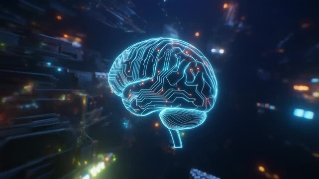 Futuristic brain illustration with digital circuits in a vibrant, tech-inspired environment.