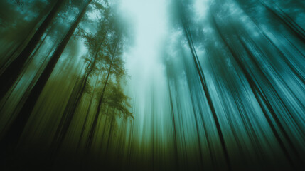 Abstract forest with tall trees in blue and green hues  