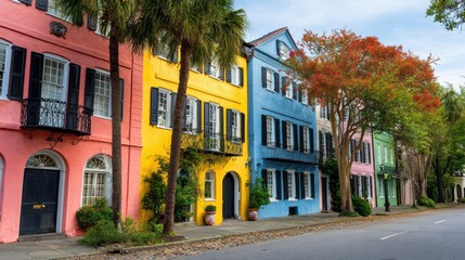 Naklejka premium Charleston Neighborhood: A Touristic Journey Through Colorful Colonial Architecture in the Heart of the South Carolina History