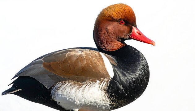A close-up side view of a brightly colored wild bird, featuring a red head, orange eyes, and contrasting plumage against white