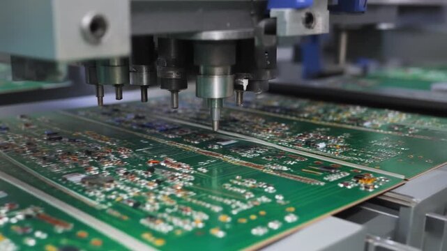 Close-up of precise machinery assembling electronic circuit boards in a factory.