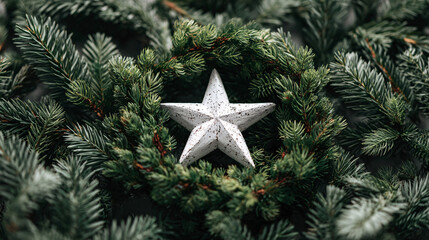 A beautiful white star stands out in the center of lush green fir branches, radiating a warm, festive glow. This cozy scene evokes the magic of Christmas and the joy of Advent celebrations