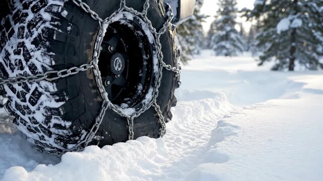 Close-up of a vehicle tire with snow chains driving through deep snow. Off-road wheel providing traction in a winter forest. Extreme weather safety concept