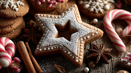 A decorative gingerbread cookie shaped like a star sits among an array of holiday treats. Cinnamon sticks, candy canes, and festive sprinkles add to the warm, joyful atmosphere of winter festivities