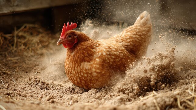 Chicken Dust Bath. Poultry Hen Enjoying a Dust Bath for Health and Cleanliness