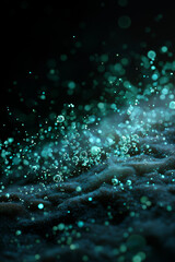 Abstract blue water drops with glow on dark background. Template of vertical banner, cover, wallpaper  