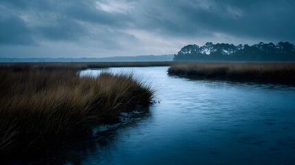 A dark moody wetland scene with a calm river winding through tall reeds under an overcast sky