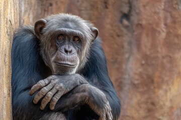 Naklejka premium Chimpanzee Tool. An Adult Chimpanzee Portait Sitting in Nature Wildlife Habitat