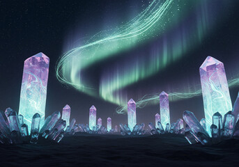 A surreal landscape featuring numerous crystal formations under a vibrant aurora borealis display in a dark, mystical setting.