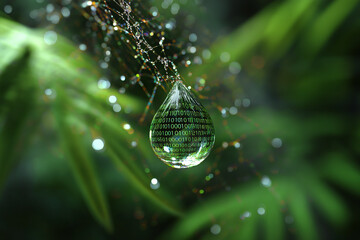 Water droplet reflecting digital data on green foliage background  