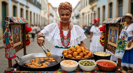Baiana woman in traditional dress serving acarajé, cultural editorial portrait