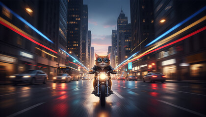 Cartoon cat riding motorcycle through vibrant city at night  