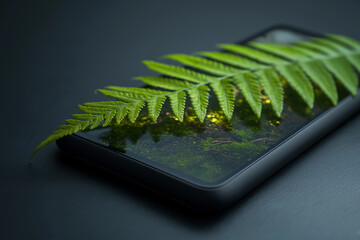 Smartphone with green fern leaf on dark surface 