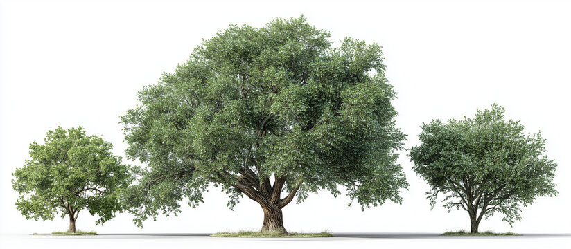 3 realistic trees in different sizes, white background