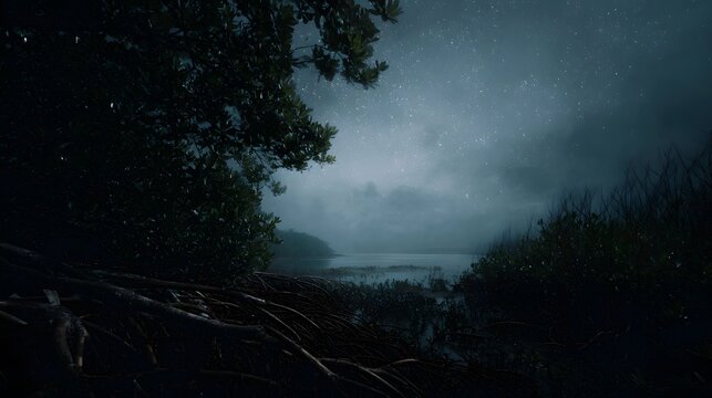 A serene coastal wetland at night under a starlit misty sky with tangled roots in the foreground