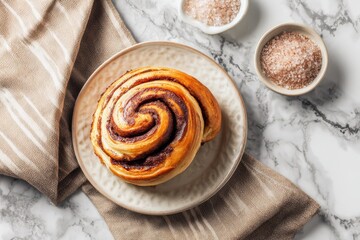 Fototapeta premium Cinnamon Roll Marble. Tasty Homemade Pastry on Stone Plate with Brown Sugar and Cloth