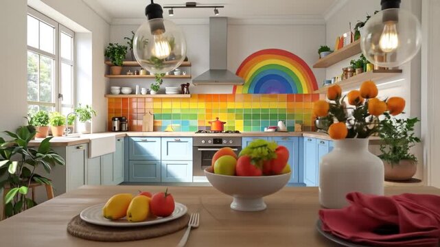 A brightly lit modern kitchen with a rainbow backsplash and a bowl of fruit on the table