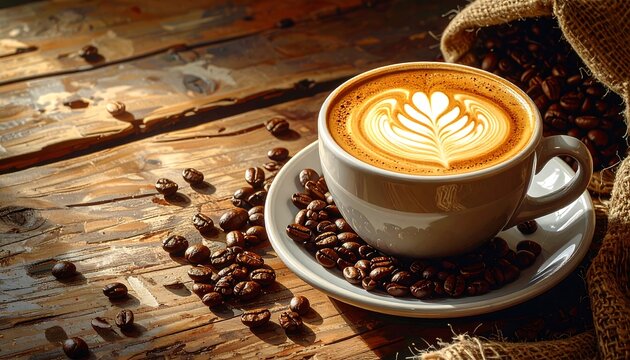 A cup of coffee with latte art rests on a saucer surrounded by coffee beans on a wooden surface beside a burlap sack