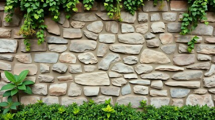 Decorative stone wall with natural rock pattern and green foliage, rustic garden exterior design, detailed masonry background. Generative AI.