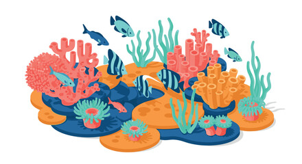 Fototapeta premium Colorful isometric coral reef scene with tropical fish and marine plants