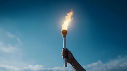 Glowing torch raised high in a peaceful blue sky, light symbolizing international unity and victory, inspired by Olympic spirit