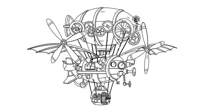 Steampunk airship with propellers and gears detailed line art design