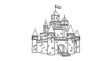Obraz premium Hand drawn castle, a whimsical illustration of a medieval fortress with towers