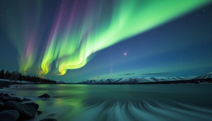 Naklejka premium Stunning aurora borealis display arctic landscape nature photography night sky panoramic view vibrant green and purple colors