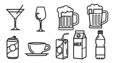 Assorted drink icons featuring cocktail, beer, juice, milk, and coffee for beverage options