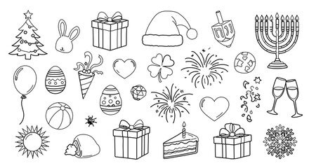 Hand drawn holiday icons, including christmas, easter, hanukkah, and new years