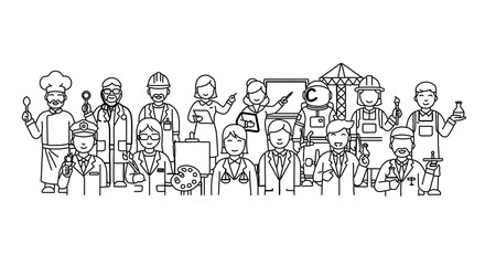 Diverse group of professionals standing together, representing various occupations and industries