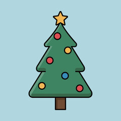Simple Christmas Tree with Ornaments Star Topper Flat Vector Icon