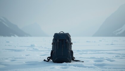 Dark hiking backpack resting upright on icy terrain remote location outdoor exploration frosty environment close-up view
