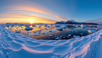 Icebergs floating in dark waters during sunset arctic ocean nature photography scenic landscape wide angle view serenity