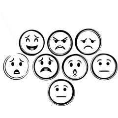 Collection of Hand-Drawn Circular Emoticons Expressing Various Emotions.