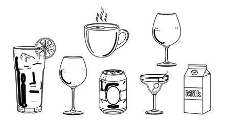 Hand drawn sketch of various drinks, including cocktails, wine, coffee and juice