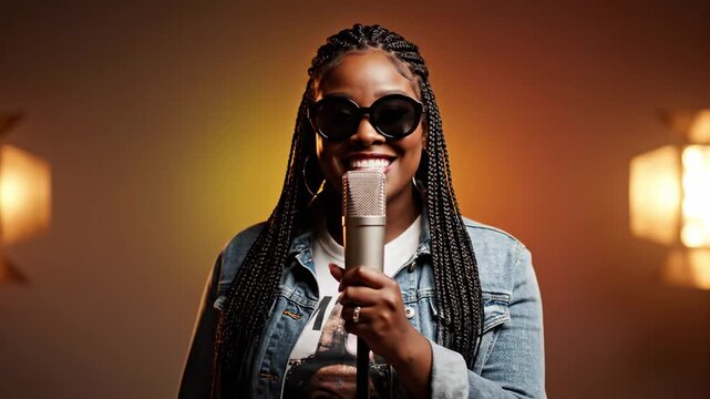 Stylish african american woman with braids and sunglasses singing passionately into a professional microphone in a recording studio, gesturing expressively while performing her song
