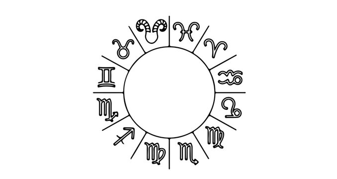 Zodiac circle with astrological symbols, a simple black and white line drawing