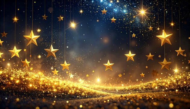 A dazzling night sky scene with golden stars suspended from above, sparkling against a dark, shimmering backdrop