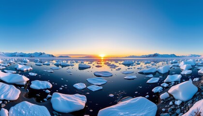 Brilliant sunrise illuminates floating icebergs antarctic region nature photography serene environment wide-angle view natural beauty