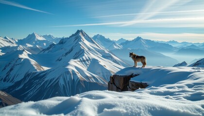 Lone wolf stands atop a majestic snowy mountain range nature landscape scenic viewpoint tranquil environment