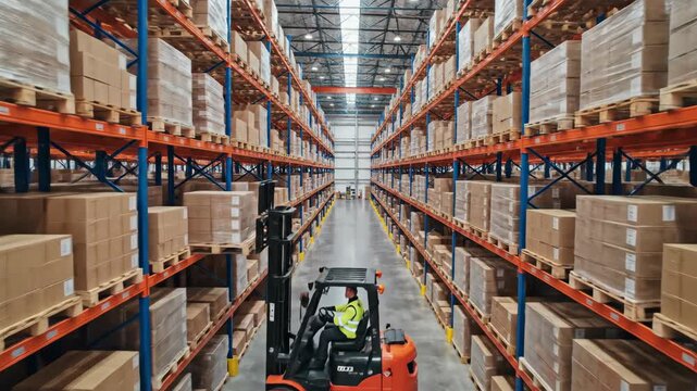 Forklift operator working in a large warehouse. Worker driving a lift truck and moving pallets with boxes on high shelves. Logistics and supply chain concept