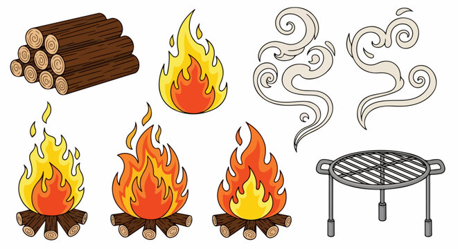 Campfire elements with logs, flames, and grill